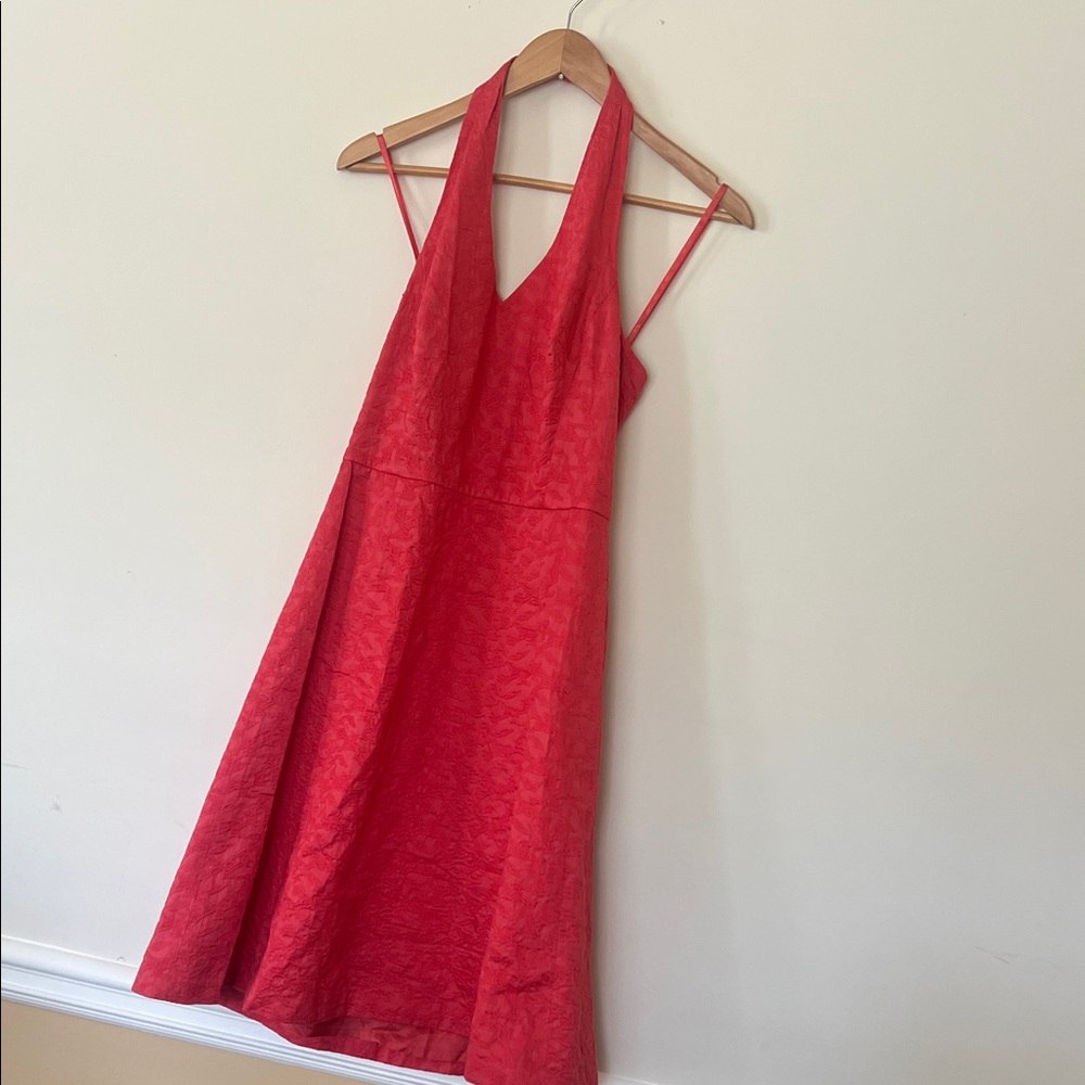 Ann Taylor Coral Halter Dress Lace Overlay Fit and Flare Size 4